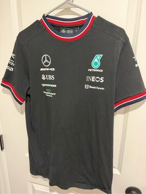 Mercedes AMG Petronas Black Short Sleeve Logo Tee with Red & Navy Trim